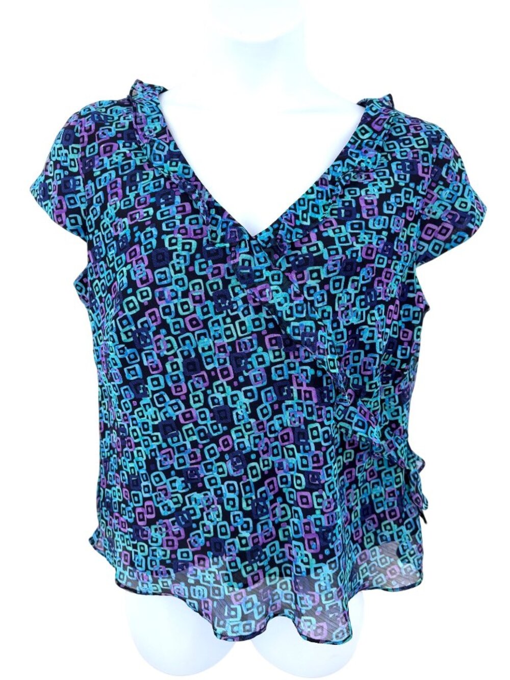 STUDIO I PURPLE BLUE GEOMETRIC PRINT SHORT SLEEVE RUFFLE CAP SLEEVE  TOP - 18
